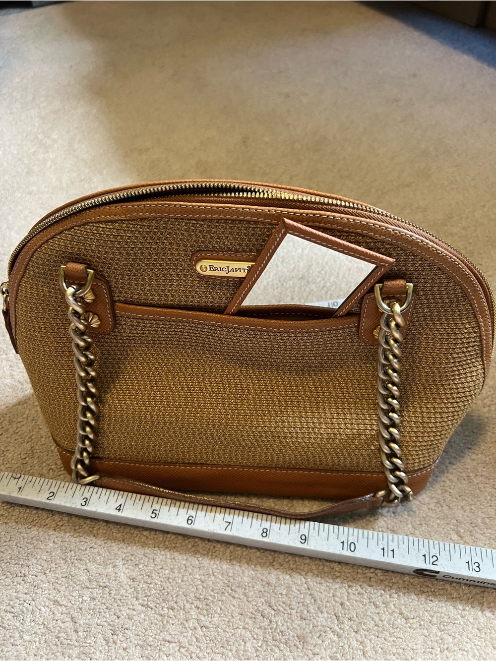 Eric Javits Tan Woven Dome Shoulder Bag with Gold Chain Handles w/mirror